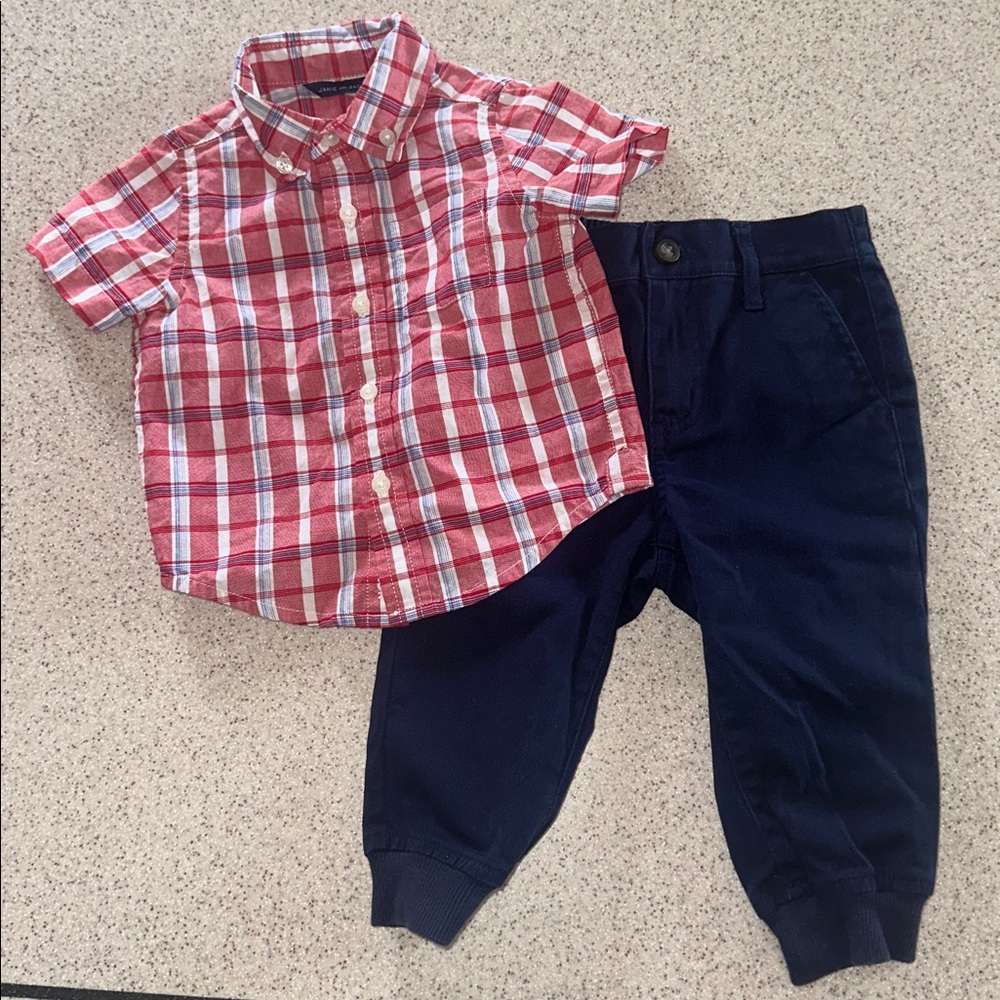 Janie and Jack Red Plaid Button down Collared dress shirt and Pants 6-12 months